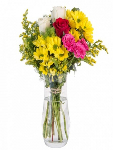 Cam Vazoda Sarı Papatya ve Güller