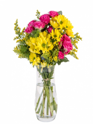 Cam Vazoda Sarı Papatyalar Ve Pembe Güller