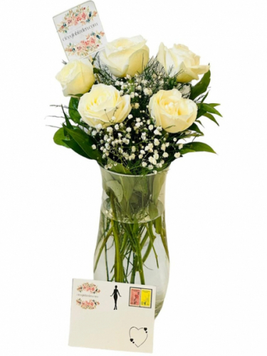 Cam Vazoda 5`li Beyaz Gül