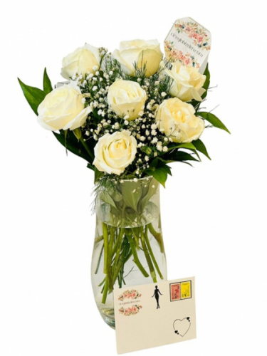 Cam Vazoda 7`li Beyaz Gül