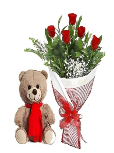 5 Kırmızı Gül Buketi ve Ayıcık
