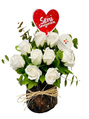 Kütükte 9 Beyaz Gül